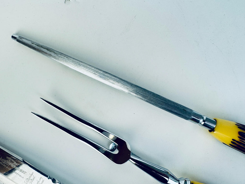 Vintage Faux 'Antler' Bakelite Serving Utensil Carving Knife Set - Sheffield England Forged Steel Knife Sharpener - Made In England