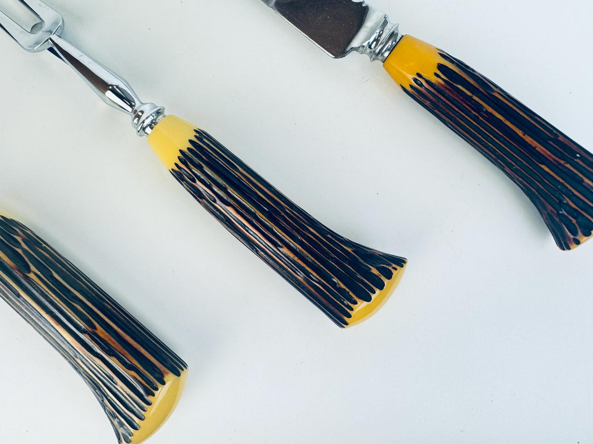 Vintage Faux 'Antler' Bakelite Serving Utensil Carving Knife Set - Sheffield England Forged Steel Knife Sharpener - Made In England