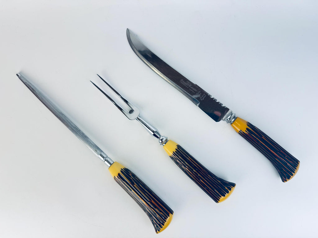 Vintage Faux 'Antler' Bakelite Serving Utensil Carving Knife Set - Sheffield England Forged Steel Knife Sharpener - Made In England