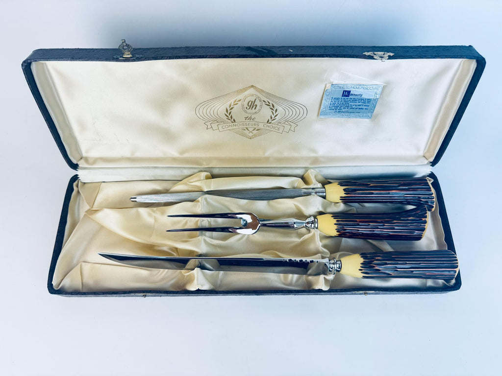 Vintage 1960s Glo-Hill Cutlery “The Connoisseurs Choice Faux-Antler Sheffield Steel Carving Set in Original Box - Made In England