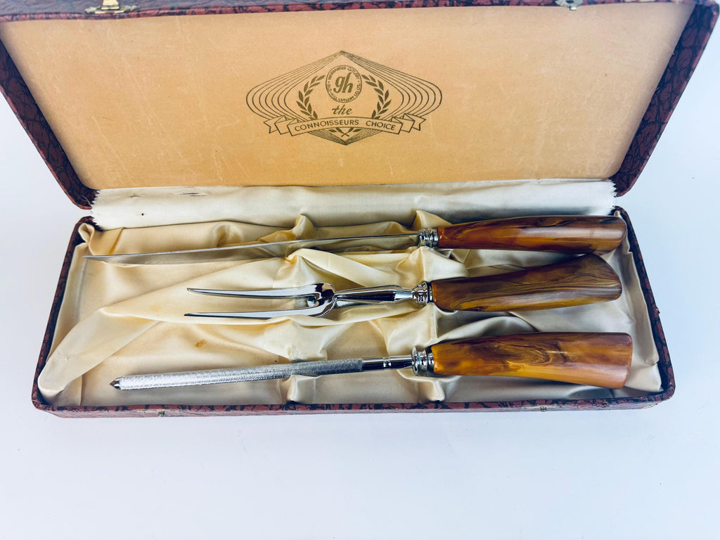 Vintage 1950s Glo-Hill Cutlery The Connoisseurs Choice Butterscotch Bakelite Carving Set  John Palmer Stainless Steel Canada - Canada Made