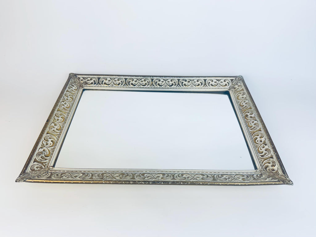 Vintage Gold Metal Vanity Display Mirror with White Enamel Scroll Frame  1960s Hollywood Regency Perfume Tray