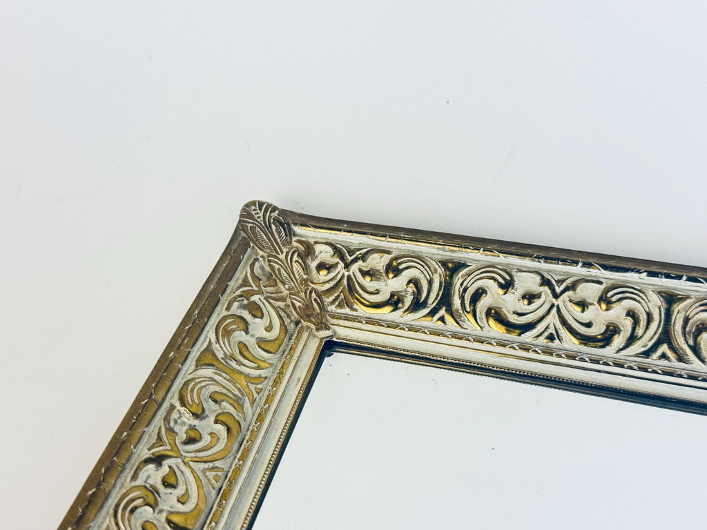 Vintage Gold Metal Vanity Display Mirror with White Enamel Scroll Frame  1960s Hollywood Regency Perfume Tray