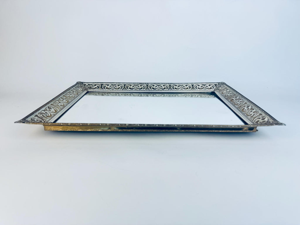 Vintage Gold Metal Vanity Display Mirror with White Enamel Scroll Frame  1960s Hollywood Regency Perfume Tray