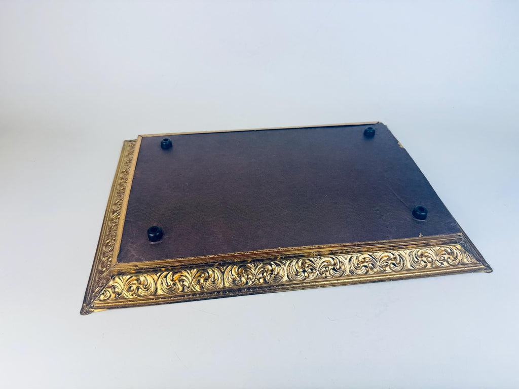 Vintage Gold Metal Vanity Display Mirror with White Enamel Scroll Frame  1960s Hollywood Regency Perfume Tray