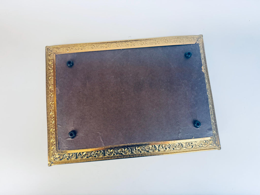 Vintage Gold Metal Vanity Display Mirror with White Enamel Scroll Frame  1960s Hollywood Regency Perfume Tray