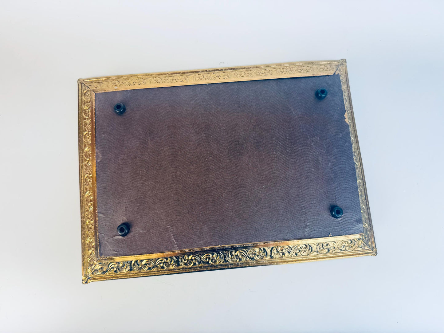 Vintage Gold Metal Vanity Display Mirror with White Enamel Scroll Frame  1960s Hollywood Regency Perfume Tray