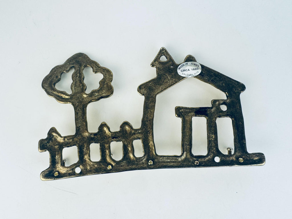 Vintage Brass House & Tree Key Rack  1970s Solid Brass Wall-Mount Key Hooks  Cottage Entryway Organizer