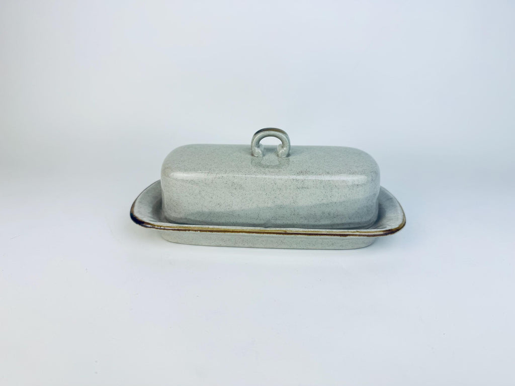 Vintage Mid-Century Speckled Grey Stoneware Covered Butter Dish Japan - 1960s/70s Two-Piece Tableware Tray & Lid