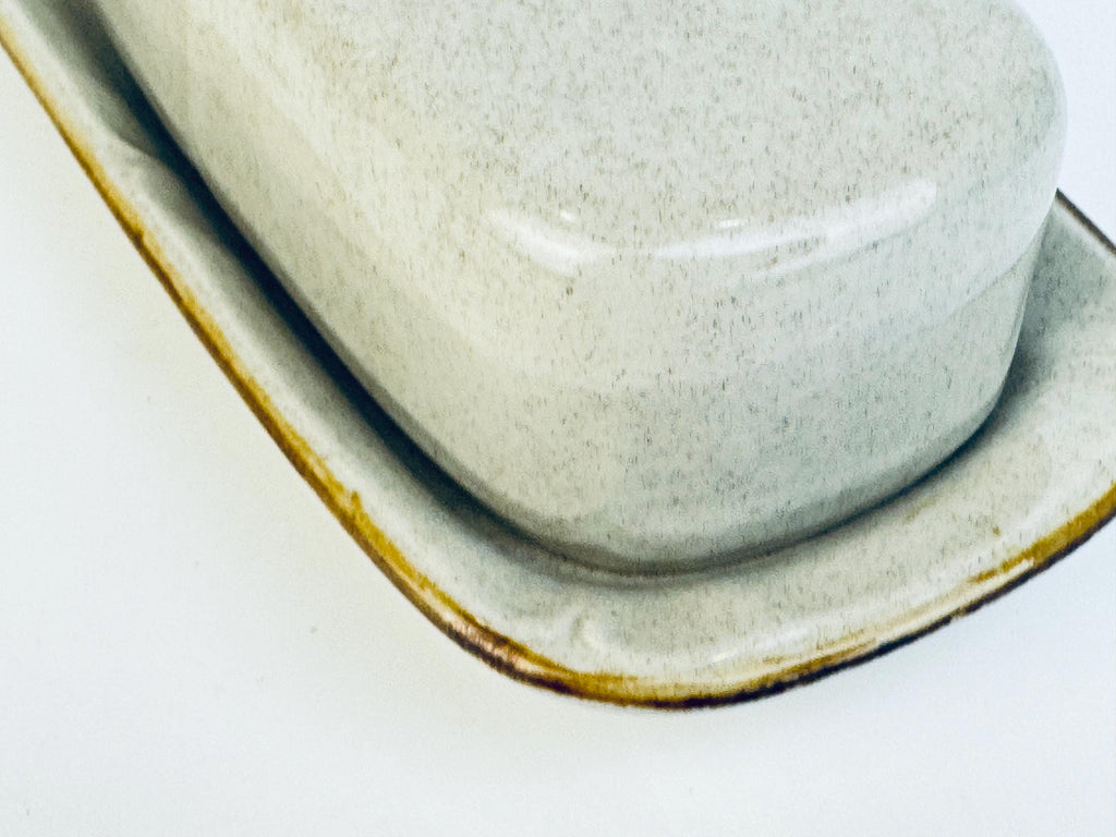 Vintage Mid-Century Speckled Grey Stoneware Covered Butter Dish Japan - 1960s/70s Two-Piece Tableware Tray & Lid