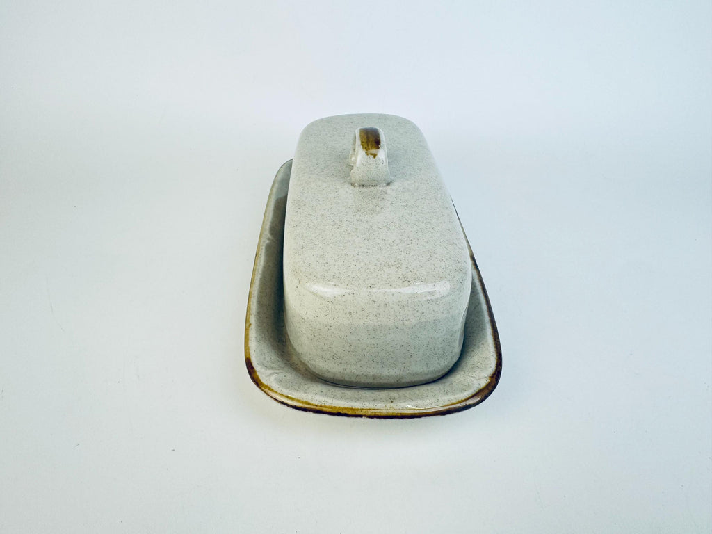 Vintage Mid-Century Speckled Grey Stoneware Covered Butter Dish Japan - 1960s/70s Two-Piece Tableware Tray & Lid