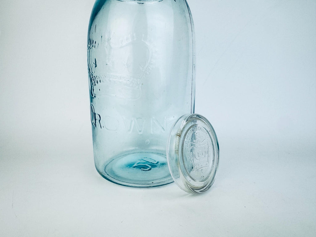 Antique Aqua CROWN Mason Jar  1920s Canadian Dominion Glass  Zinc Lid & Glass Insert  Embossed Canning Storage Jar