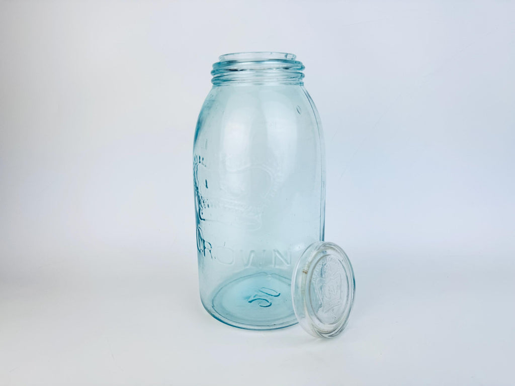 Antique Aqua CROWN Mason Jar  1920s Canadian Dominion Glass  Zinc Lid & Glass Insert  Embossed Canning Storage Jar