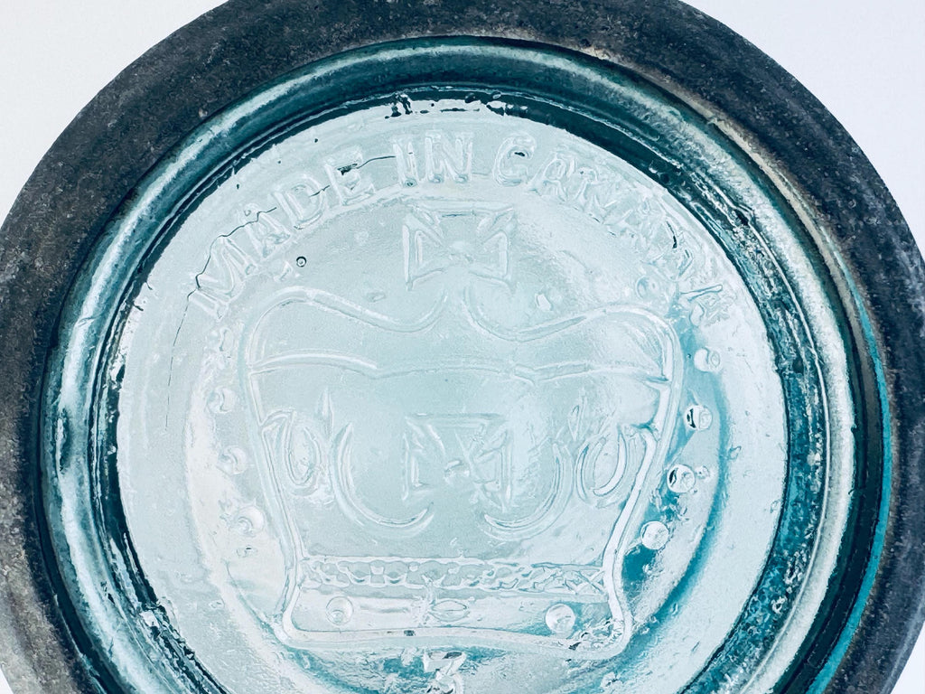 Antique Aqua CROWN Mason Jar  1920s Canadian Dominion Glass  Zinc Lid & Glass Insert  Embossed Canning Storage Jar