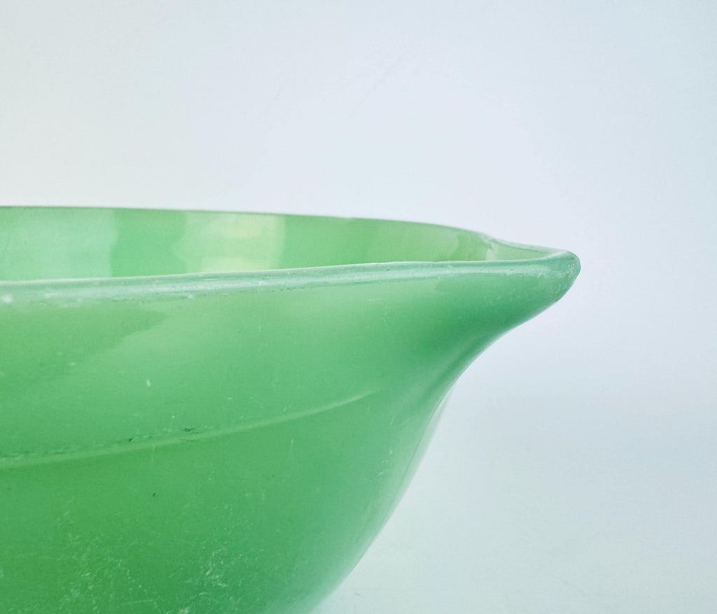 Vintage 1950s Jadeite Fire-King Batter Bowl with Spout & Handle  Mid-Century Green Glass Mixing Kitchenware