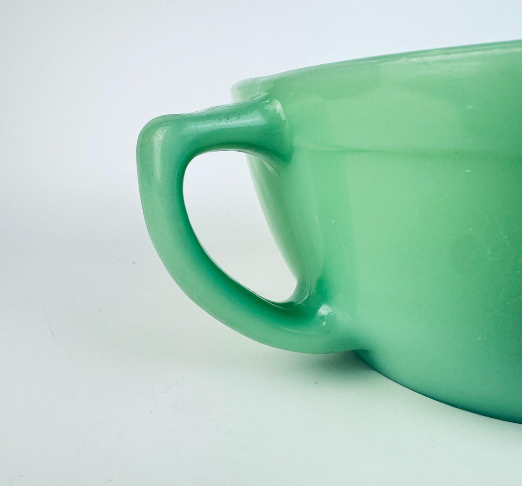 Vintage 1950s Jadeite Fire-King Batter Bowl with Spout & Handle  Mid-Century Green Glass Mixing Kitchenware