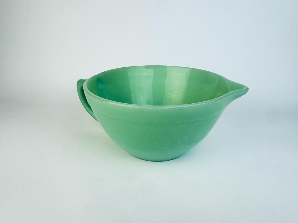 Vintage 1950s Jadeite Fire-King Batter Bowl with Spout & Handle  Mid-Century Green Glass Mixing Kitchenware