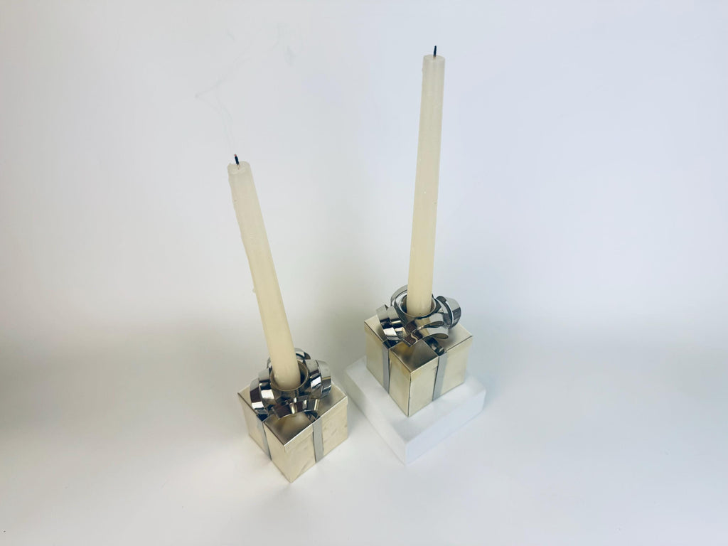 Vintage Godinger “Silver Treasures Gift-Box Bow Candleholder Set  1980s Silver-Tone Metal Accent for Tabletop & Gifting
