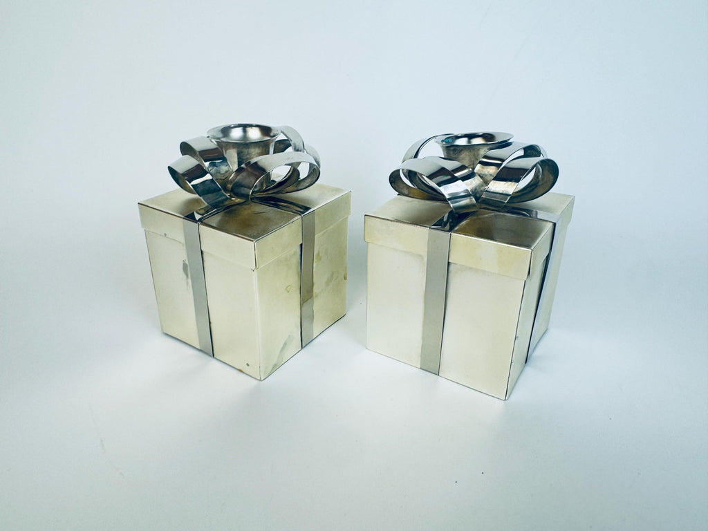 Vintage Godinger “Silver Treasures Gift-Box Bow Candleholder Set  1980s Silver-Tone Metal Accent for Tabletop & Gifting