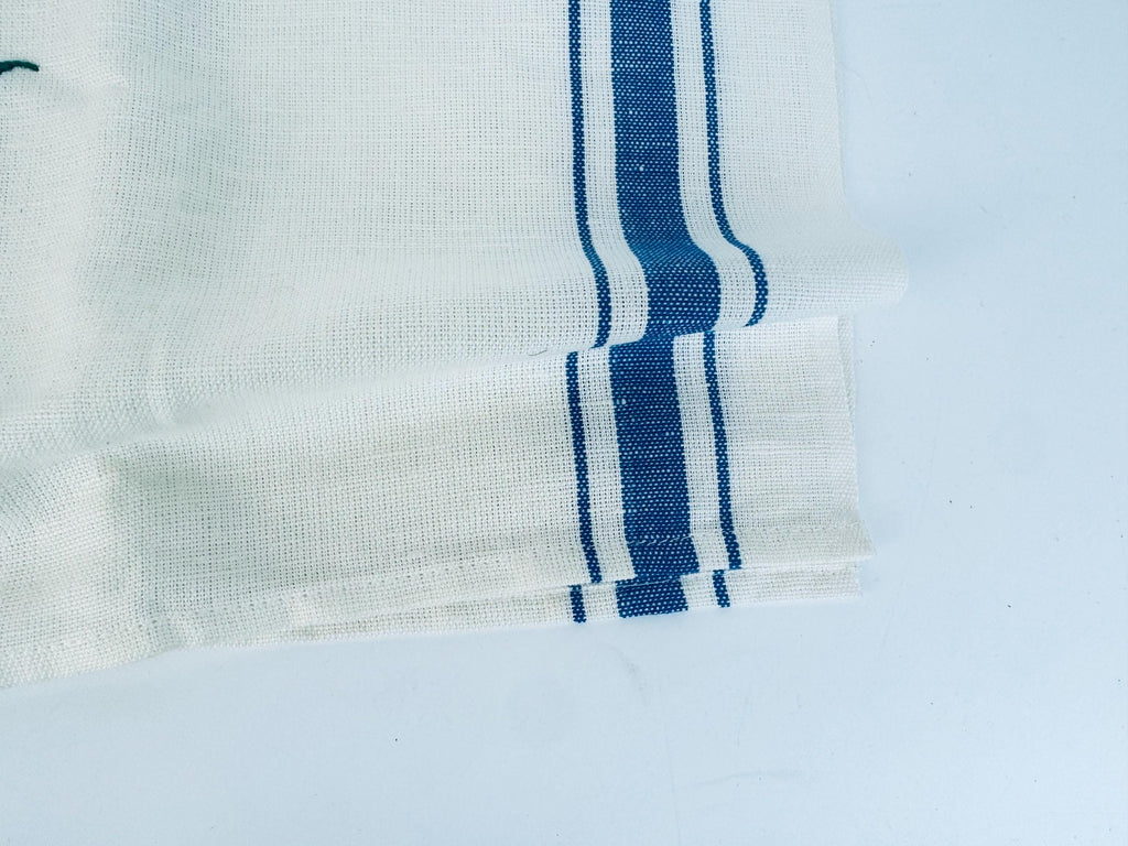 Vintage White & Blue Striped Linen Tea Towel - Embroidered Fruit + Basket - Sold Separately