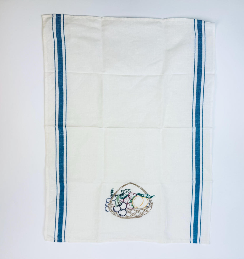 Vintage White & Blue Striped Linen Tea Towel - Embroidered Fruit + Basket - Sold Separately
