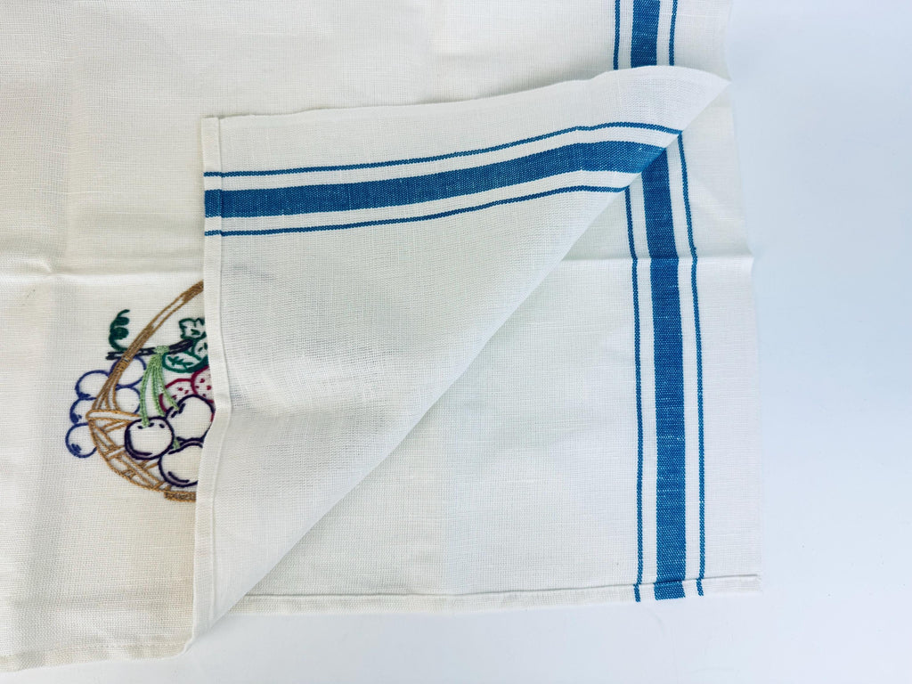 Vintage White & Blue Striped Linen Tea Towel - Embroidered Fruit + Basket - Sold Separately