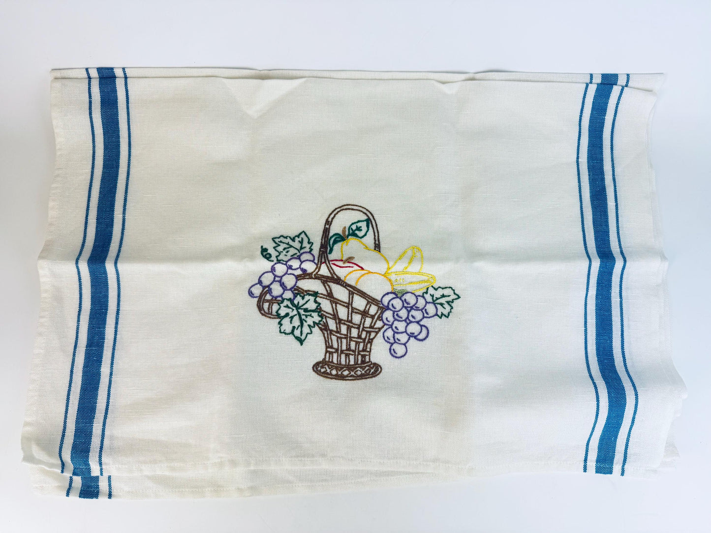 Vintage White & Blue Striped Linen Tea Towel - Embroidered Fruit + Basket - Sold Separately