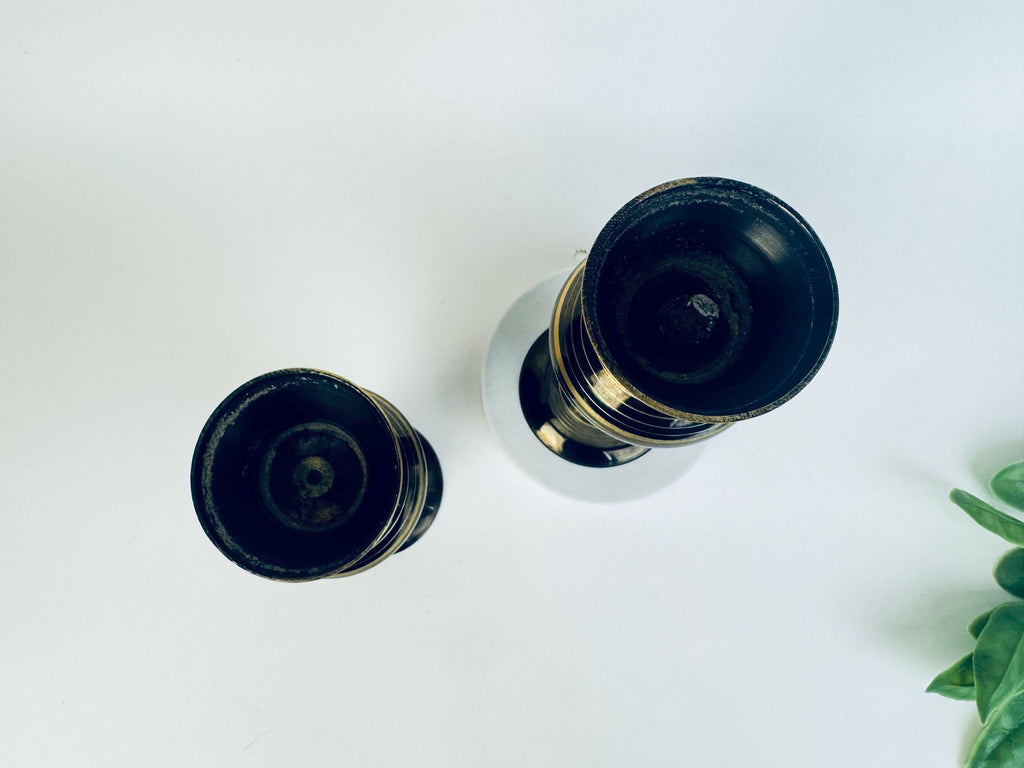 Vintage Black & Gold Brass Hand-Engraved Inlaid Vases - Set Of Two (2)