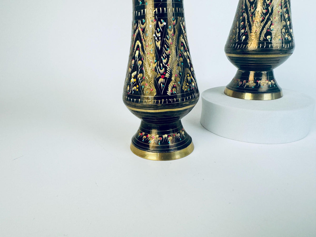 Vintage Black & Gold Brass Hand-Engraved Inlaid Vases - Set Of Two (2)