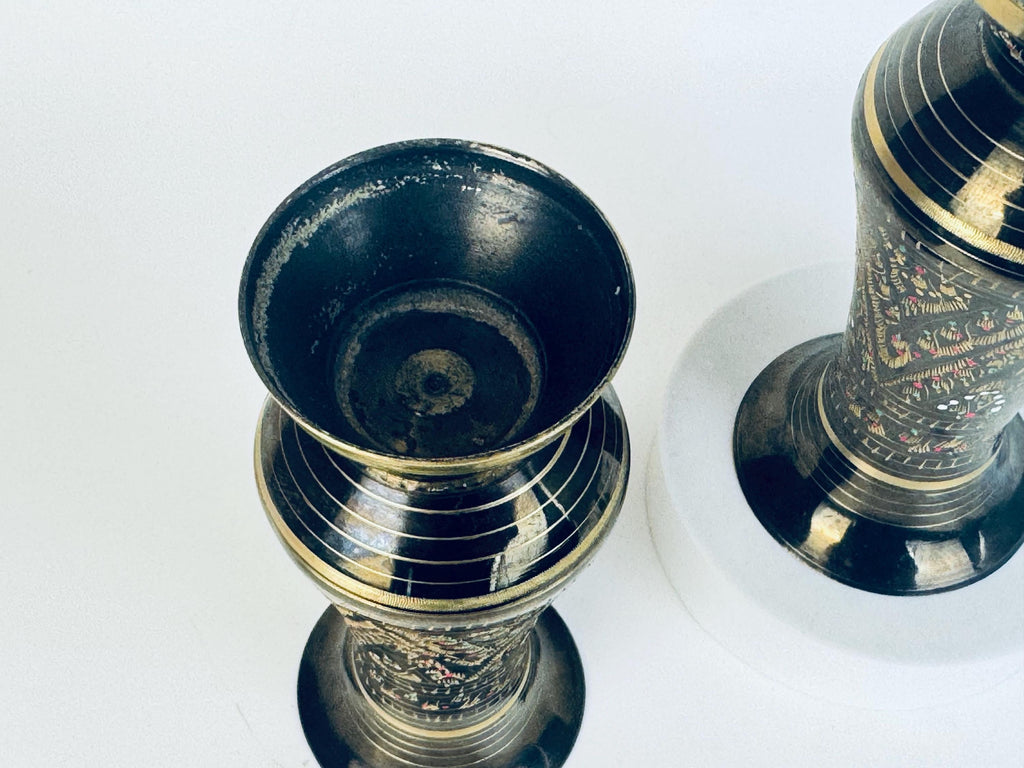 Vintage Black & Gold Brass Hand-Engraved Inlaid Vases - Set Of Two (2)