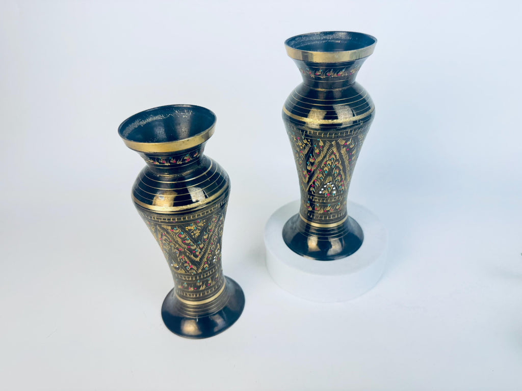 Vintage Black & Gold Brass Hand-Engraved Inlaid Vases - Set Of Two (2)