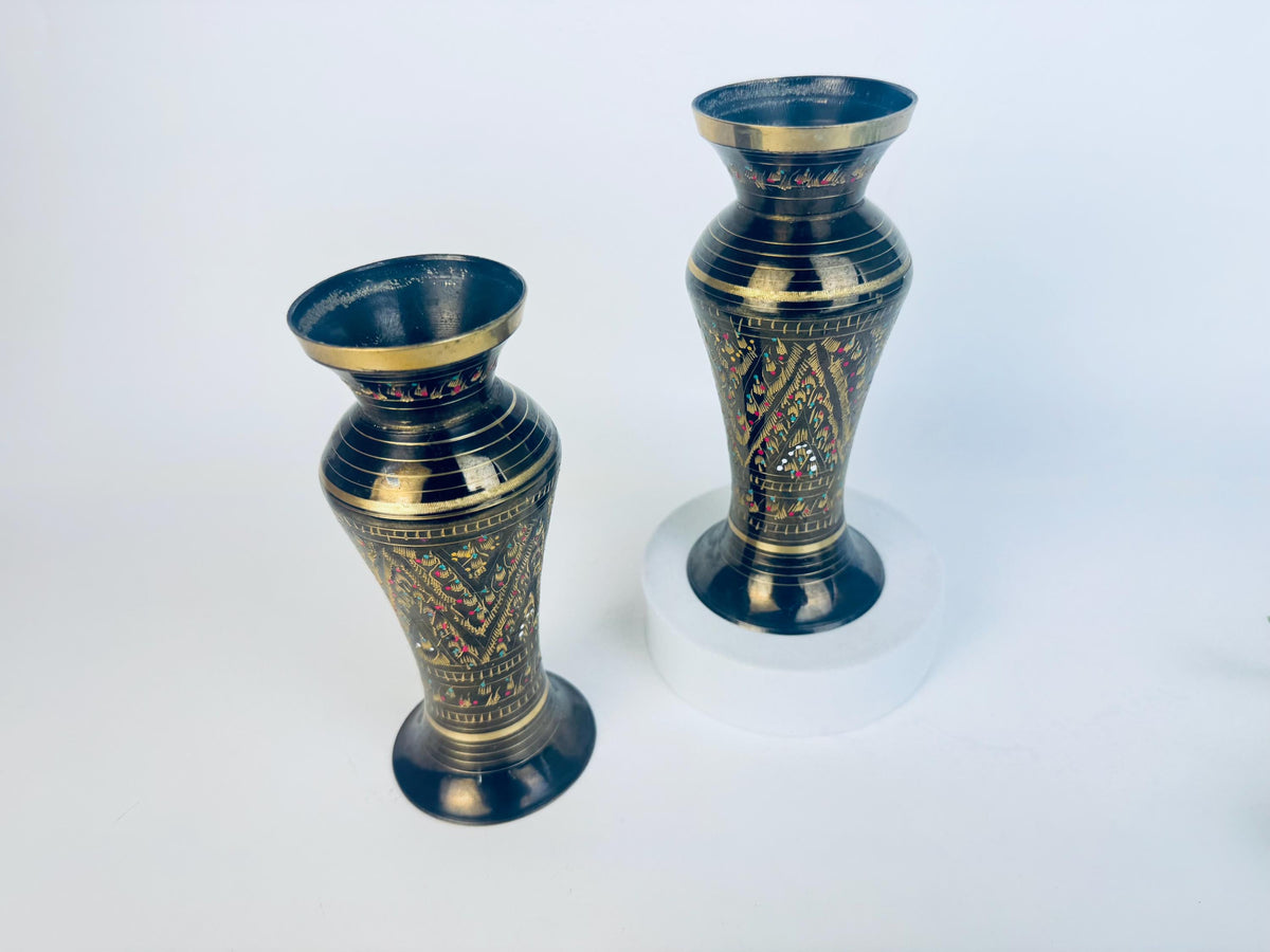 Vintage Black & Gold Brass Hand-Engraved Inlaid Vases - Set Of Two (2)