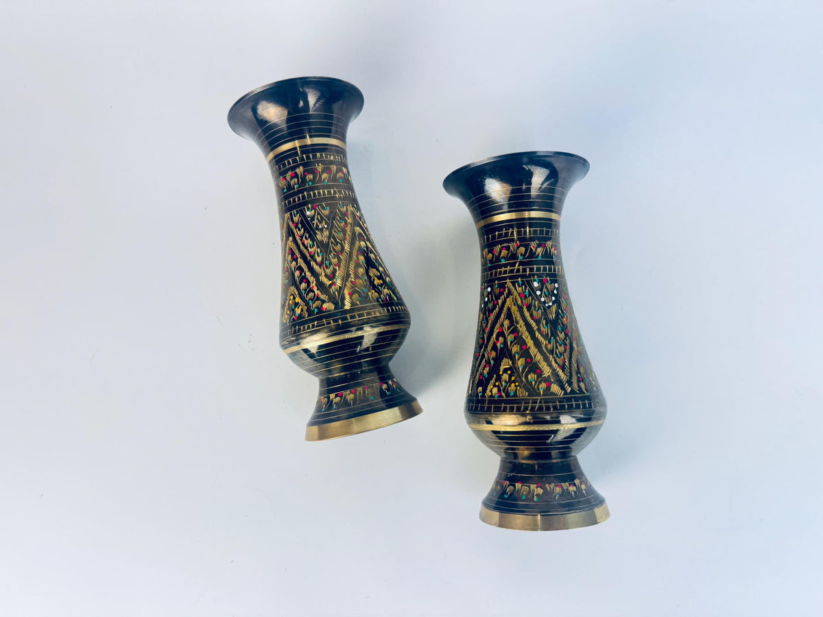 Vintage Black & Gold Brass Hand-Engraved Inlaid Vases - Set Of Two (2)