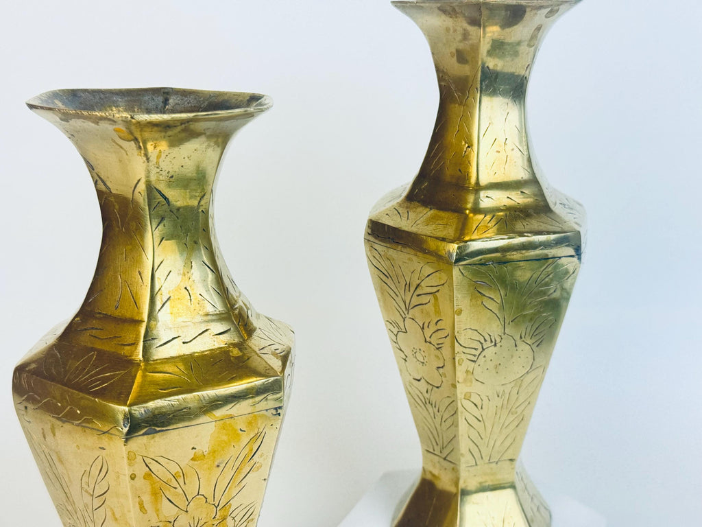 Vintage Tall Etched Brass Vases - Set Of Two (2) - Made In China