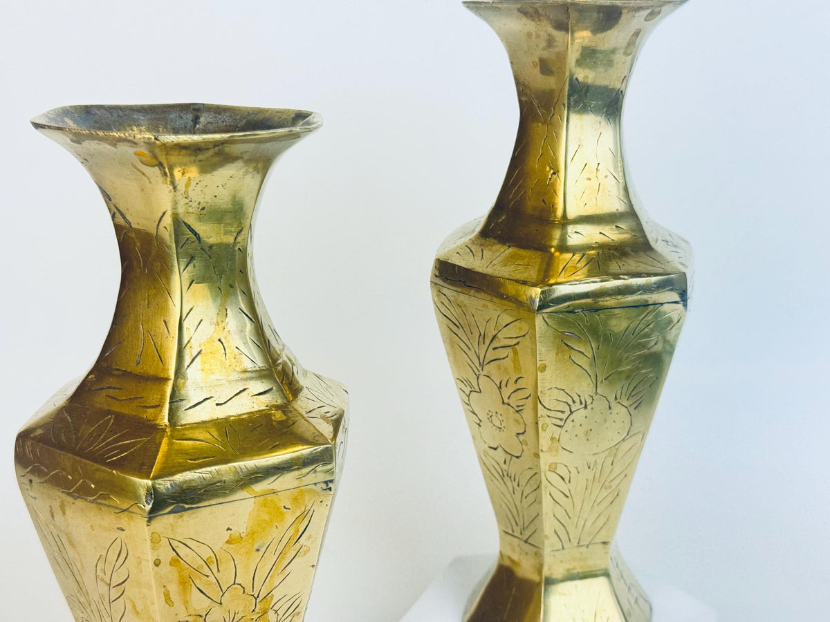Vintage Tall Etched Brass Vases - Set Of Two (2) - Made In China