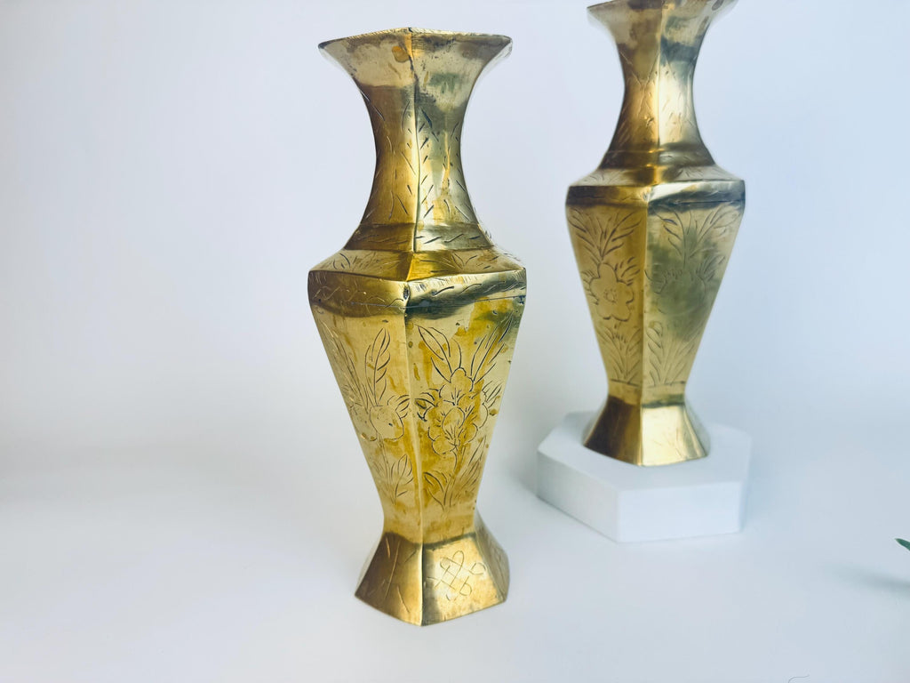 Vintage Tall Etched Brass Vases - Set Of Two (2) - Made In China
