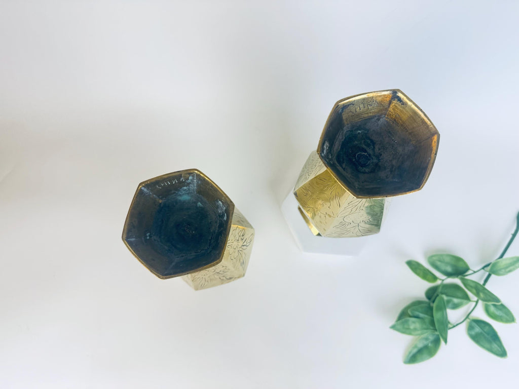 Vintage Tall Etched Brass Vases - Set Of Two (2) - Made In China