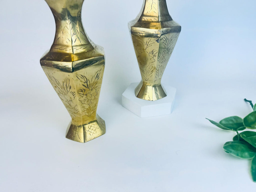 Vintage Tall Etched Brass Vases - Set Of Two (2) - Made In China