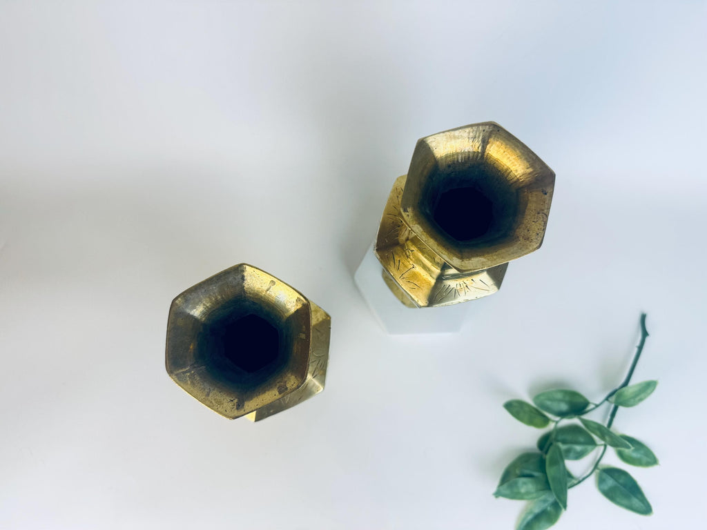 Vintage Tall Etched Brass Vases - Set Of Two (2) - Made In China