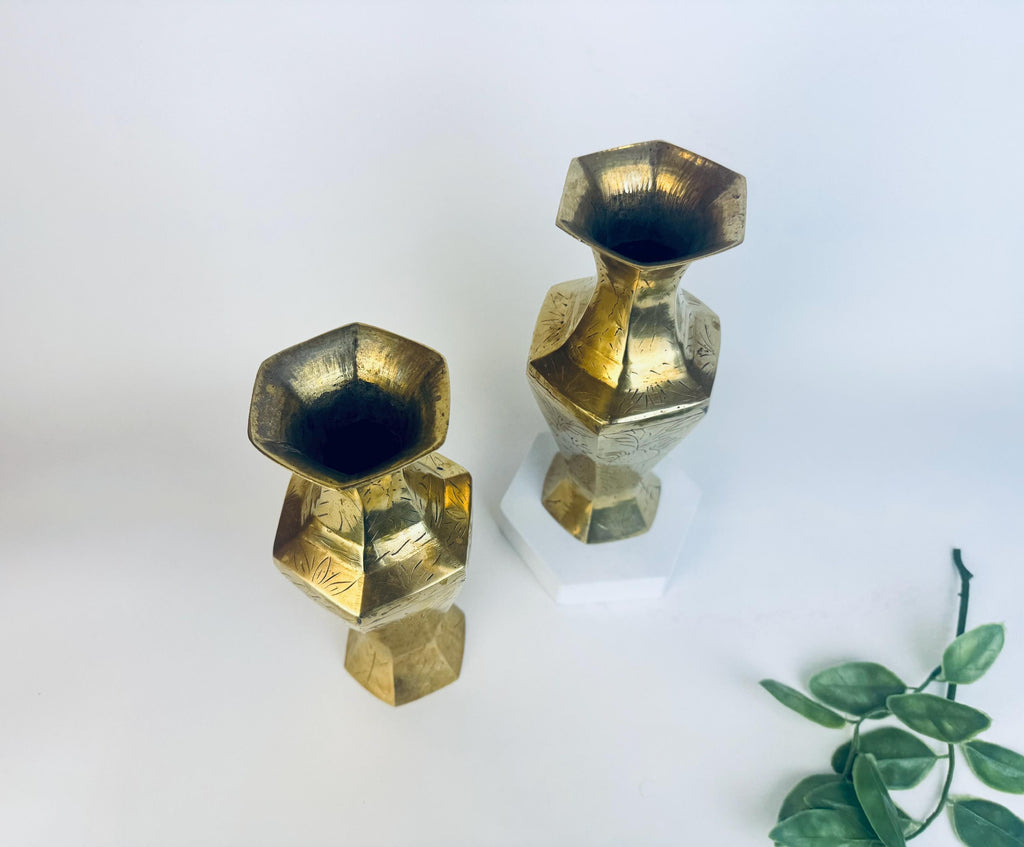 Vintage Tall Etched Brass Vases - Set Of Two (2) - Made In China