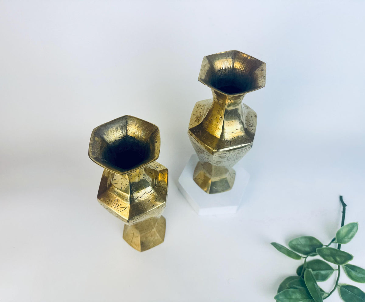 Vintage Tall Etched Brass Vases - Set Of Two (2) - Made In China