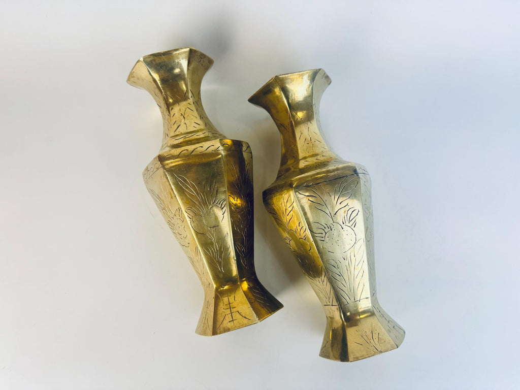 Vintage Tall Etched Brass Vases - Set Of Two (2) - Made In China