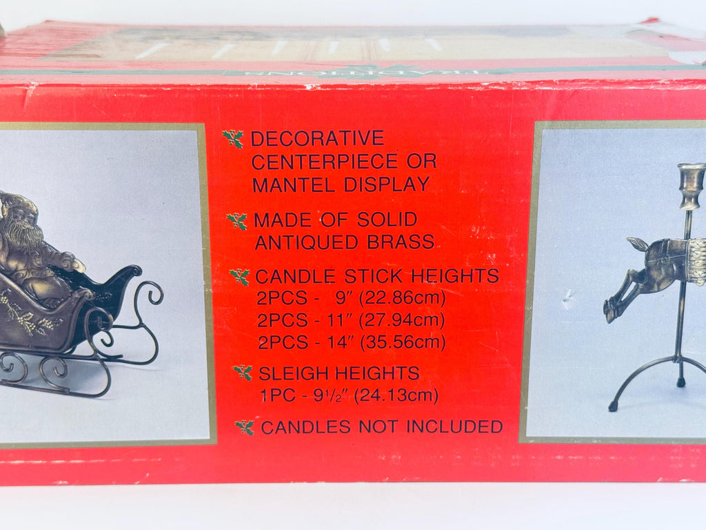 Vintage 1990s Solid Brass Reindeer & Sleigh Candleholder Set  Antiqued Gold Holiday Mantel or Table Centrepiece Display