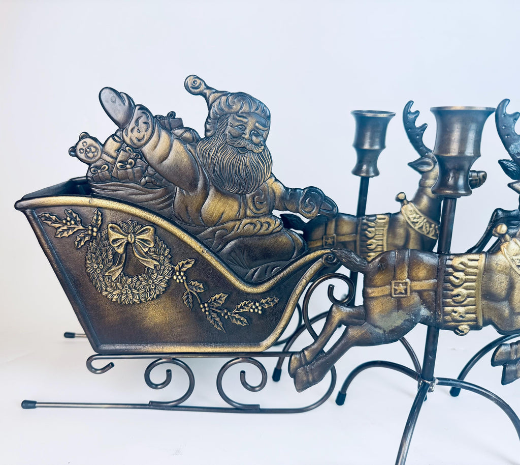 Vintage 1990s Solid Brass Reindeer & Sleigh Candleholder Set  Antiqued Gold Holiday Mantel or Table Centrepiece Display
