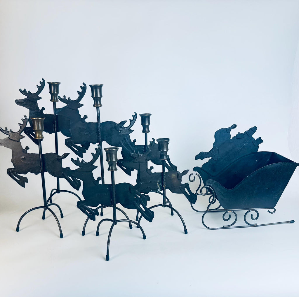 Vintage 1990s Solid Brass Reindeer & Sleigh Candleholder Set  Antiqued Gold Holiday Mantel or Table Centrepiece Display