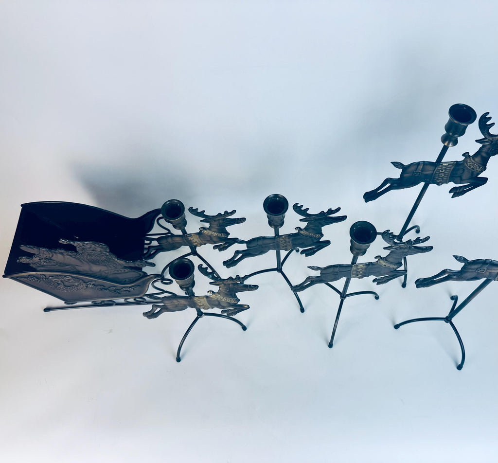 Vintage 1990s Solid Brass Reindeer & Sleigh Candleholder Set  Antiqued Gold Holiday Mantel or Table Centrepiece Display