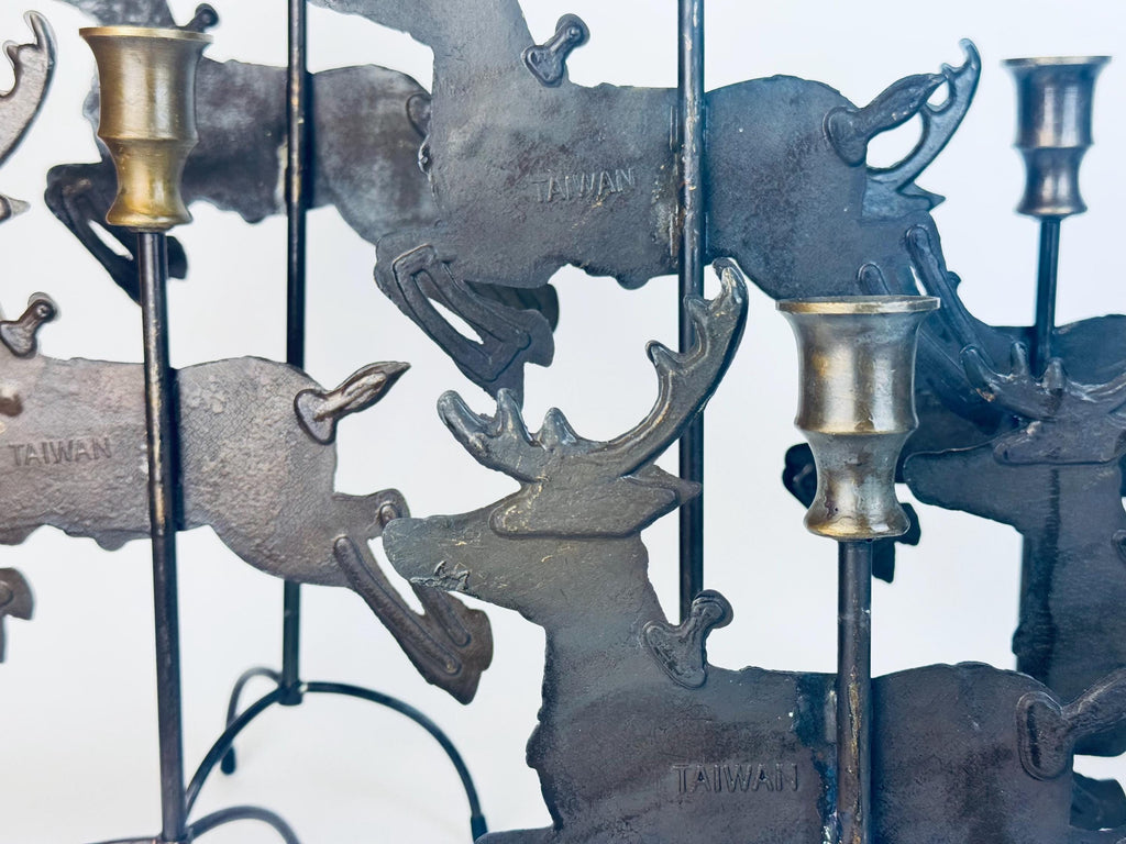 Vintage 1990s Solid Brass Reindeer & Sleigh Candleholder Set  Antiqued Gold Holiday Mantel or Table Centrepiece Display