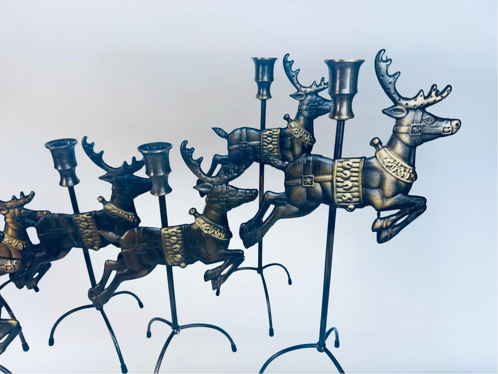 Vintage 1990s Solid Brass Reindeer & Sleigh Candleholder Set  Antiqued Gold Holiday Mantel or Table Centrepiece Display