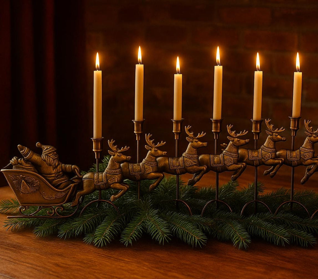 Vintage 1990s Solid Brass Reindeer & Sleigh Candleholder Set  Antiqued Gold Holiday Mantel or Table Centrepiece Display