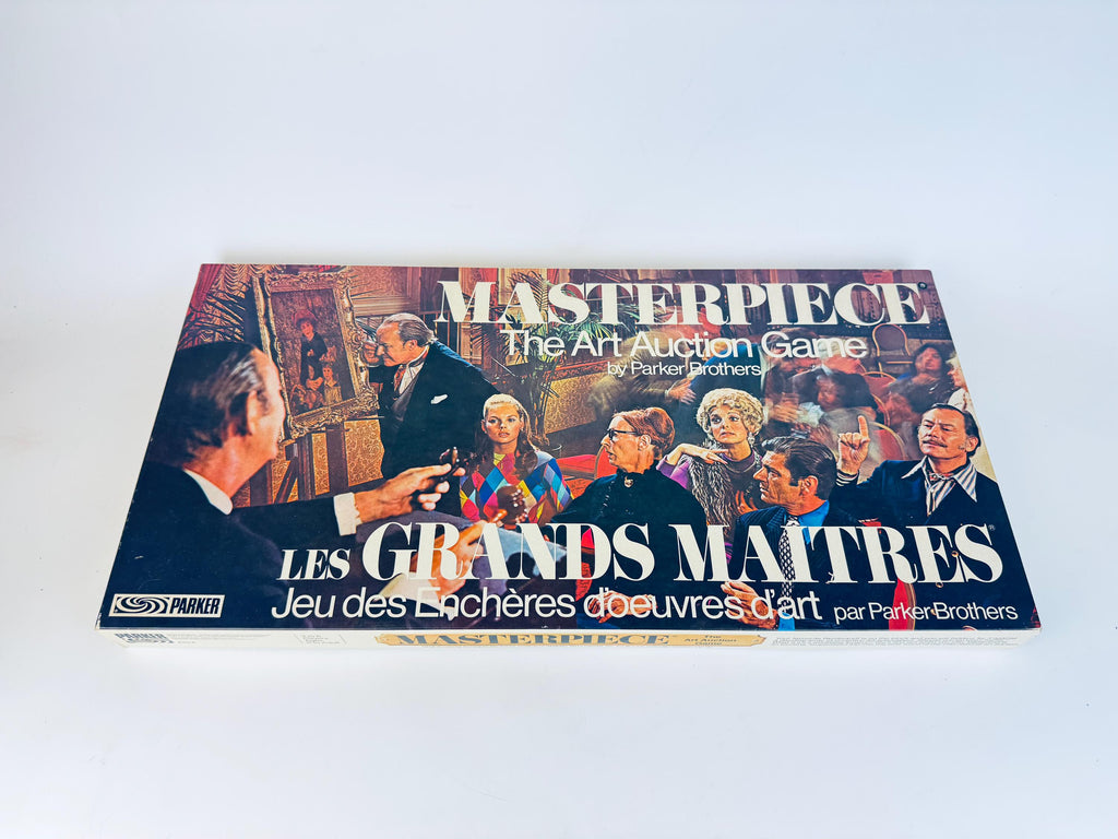 Board game box titled 'Masterpiece: The Art Auction Game' by Parker Brothers on a white background